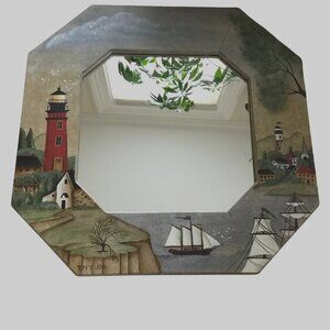 Hand-Painted Lighthouse Nautical Mirror 18x18 Folk Art Coastal Ship Wall Decor